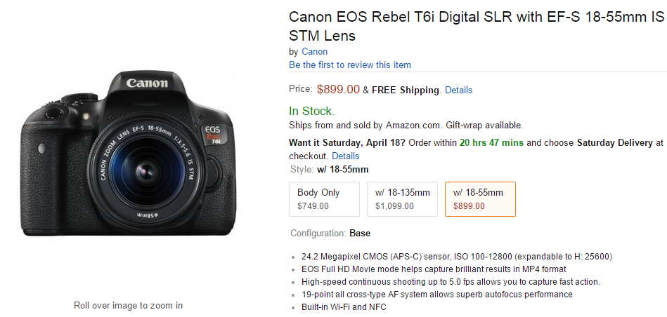 Canon EOS Rebel T6i in stock