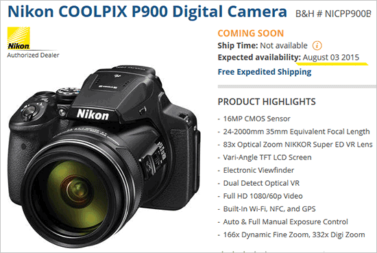 Nikon-Coolpix-P900-camera in stock on August 3