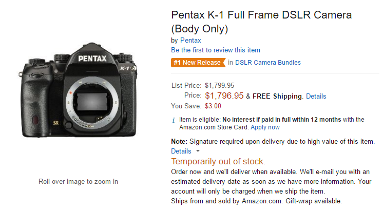 Pentax K-1 shipping at Amazon