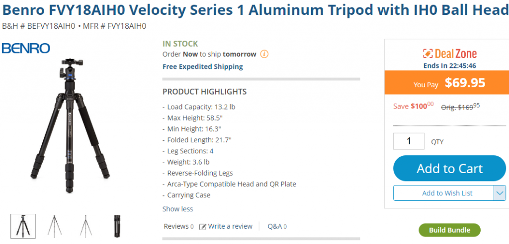 Benro FVY18AIH0 Velocity Series 1 Aluminum Tripod