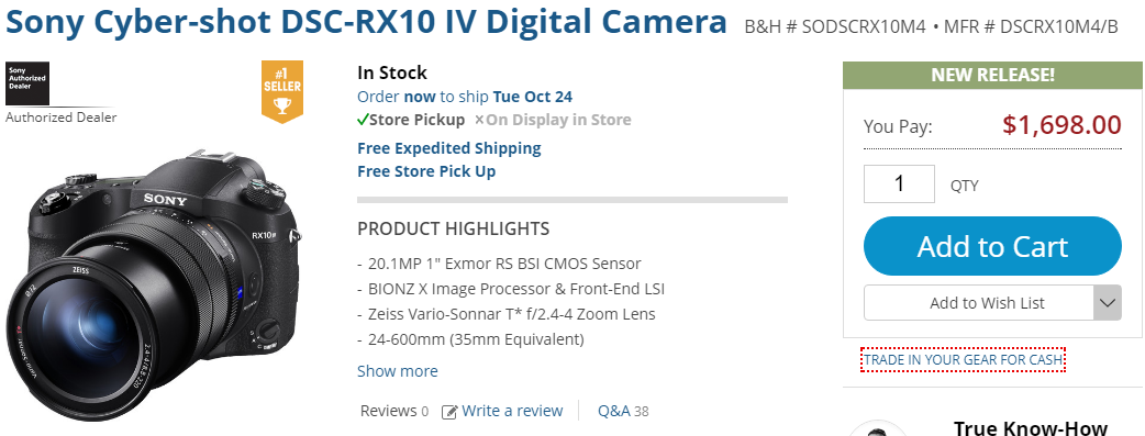 Sony RX10 IV in stock
